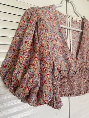 Klesis Floral Puff Sleeve Crop Top Smocked Cottagecore Coquette S